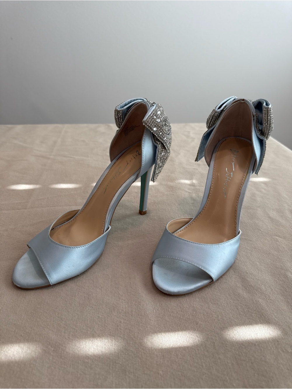 Betsey Johnson Powder Blue Satin Heels with Rhinestone Bow
